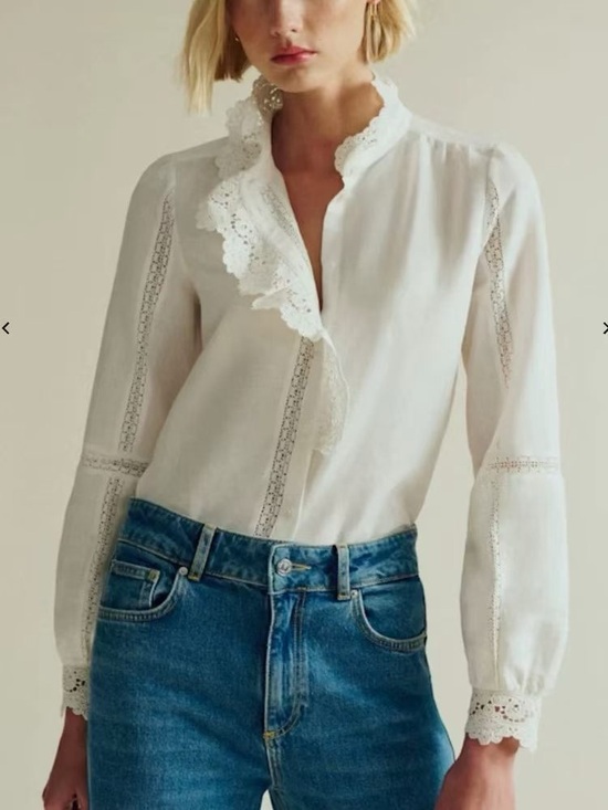 Sezane Tops - SEZANE CHLO SHIRT Lace-Trim Ruffled Blouse, S M L